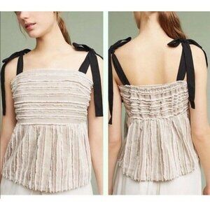 Anthropologie Maeve Soeli Textured Fringe Tank Top Black Ribbon Strap Size M
